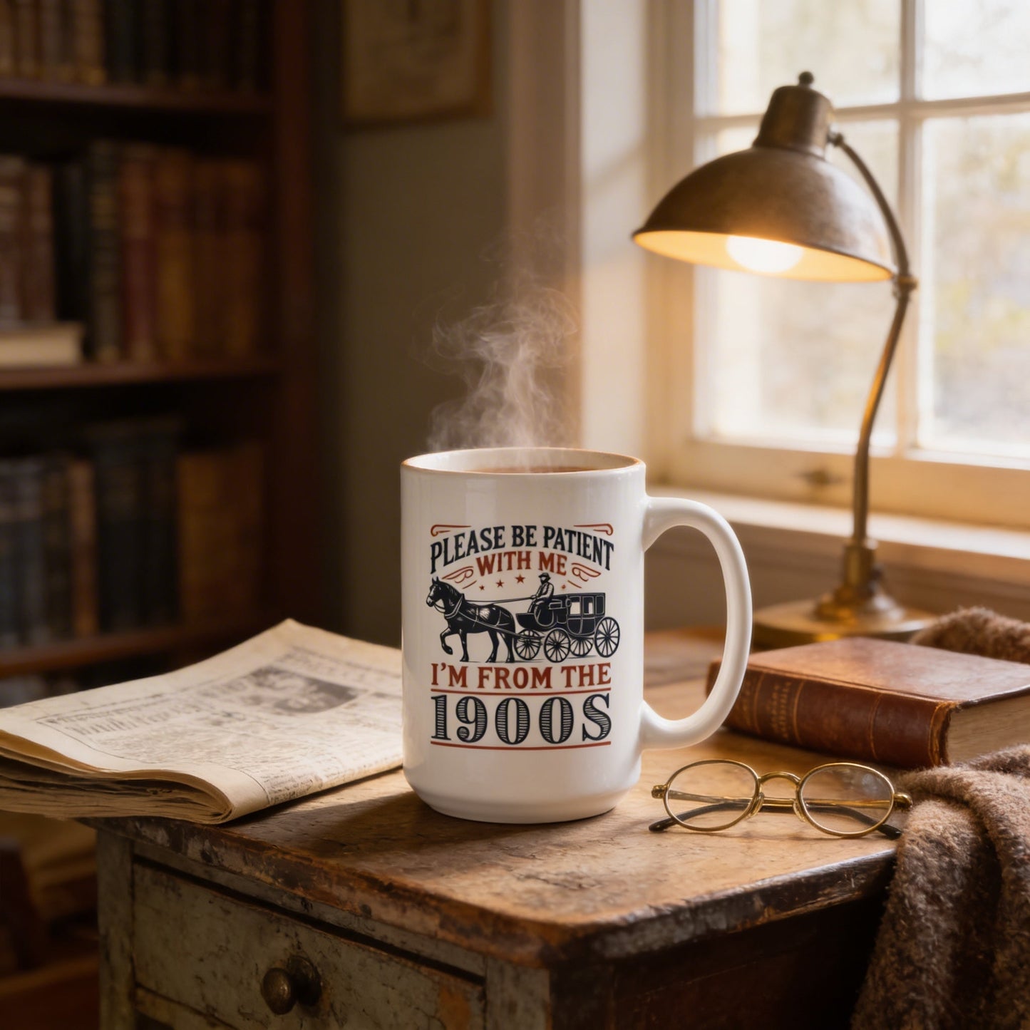 1900s Humor Mug – Vintage Ceramic Cup With Horse Carriage Design Joyful Moose