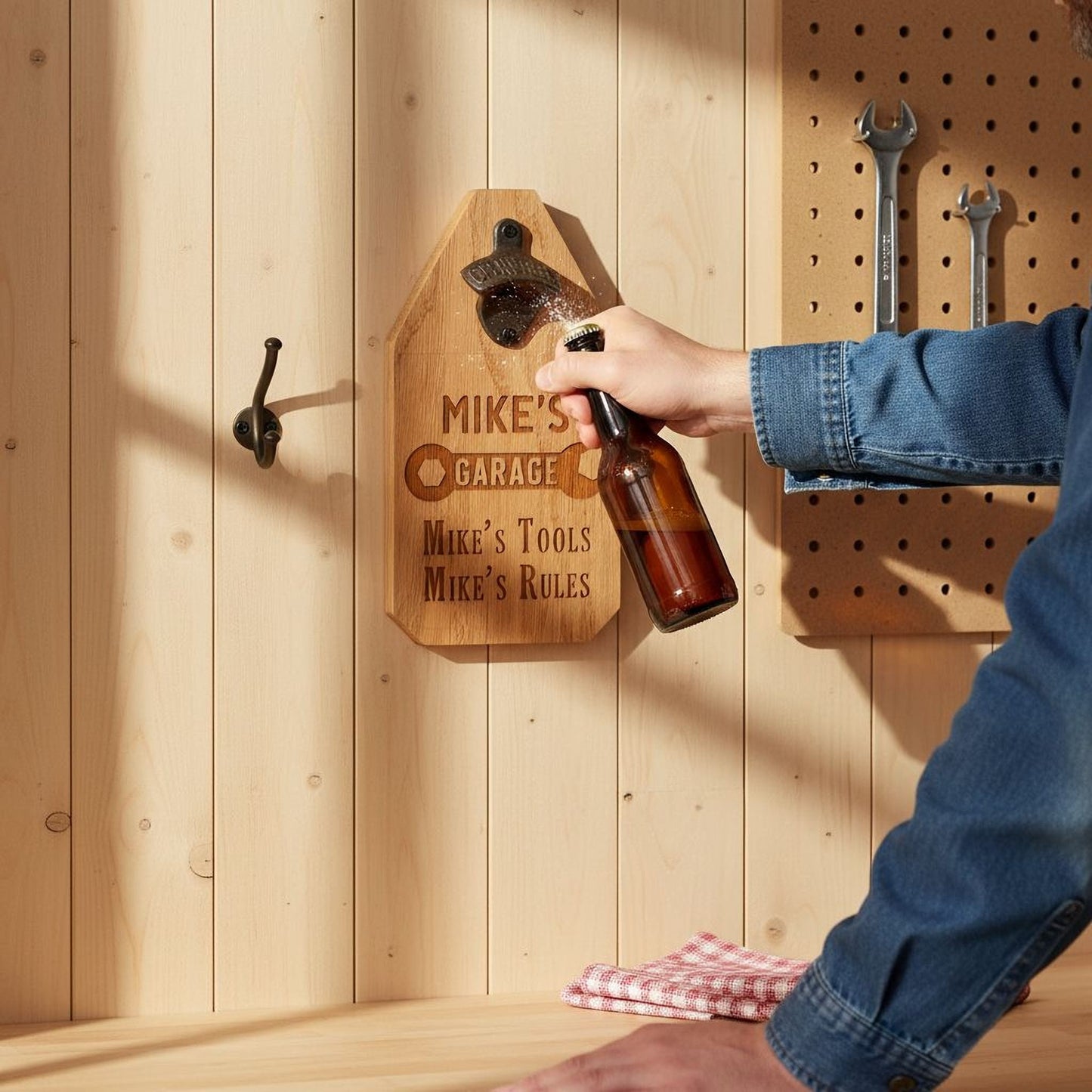 Custom Garage Sign – Personalized Wood Sign with Rustic Bottle Opener & Workshop Wall Art Joyful Moose