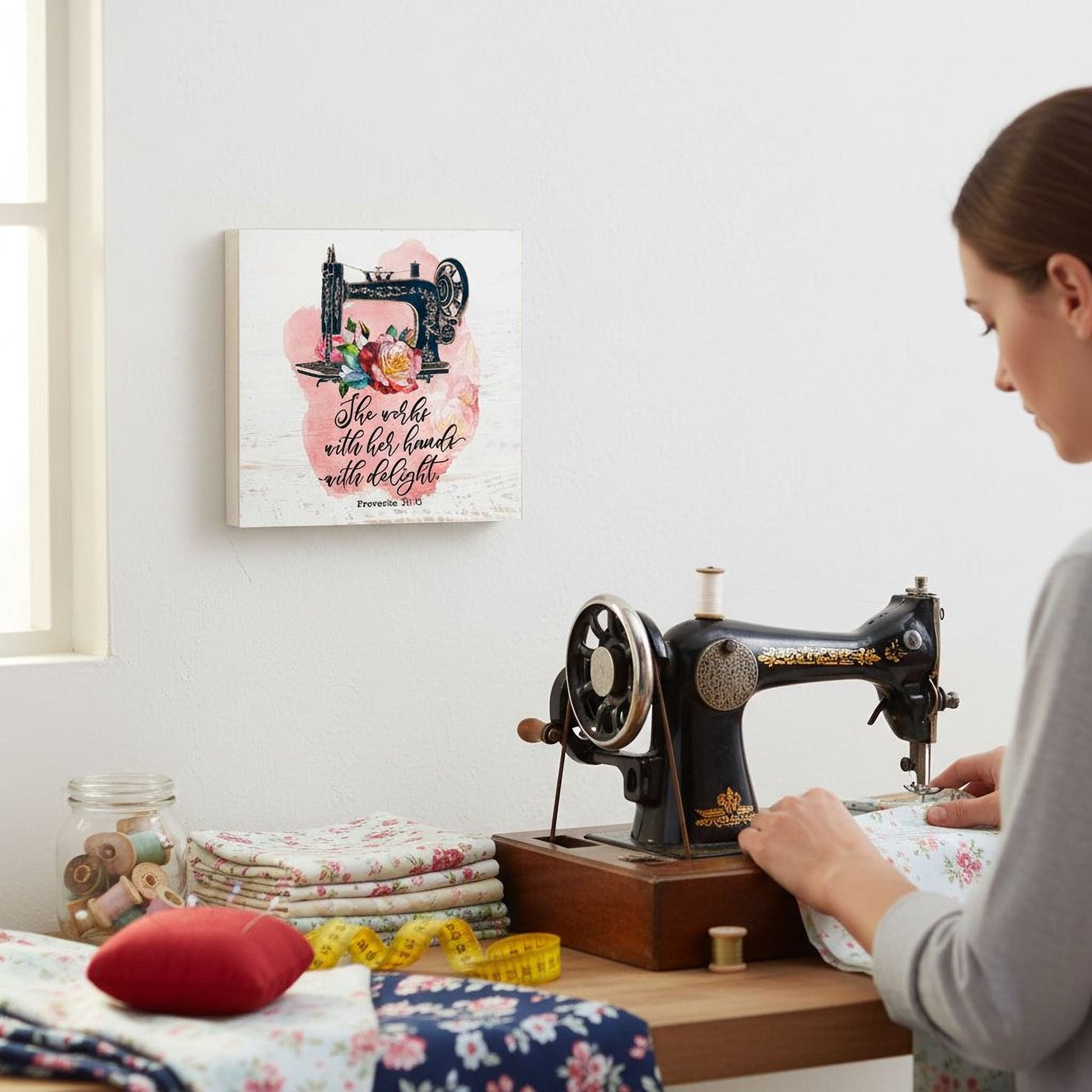 Proverbs 31 Wall Art - Sewing Machine Room Decor - Crafting Room Sign Joyful Moose