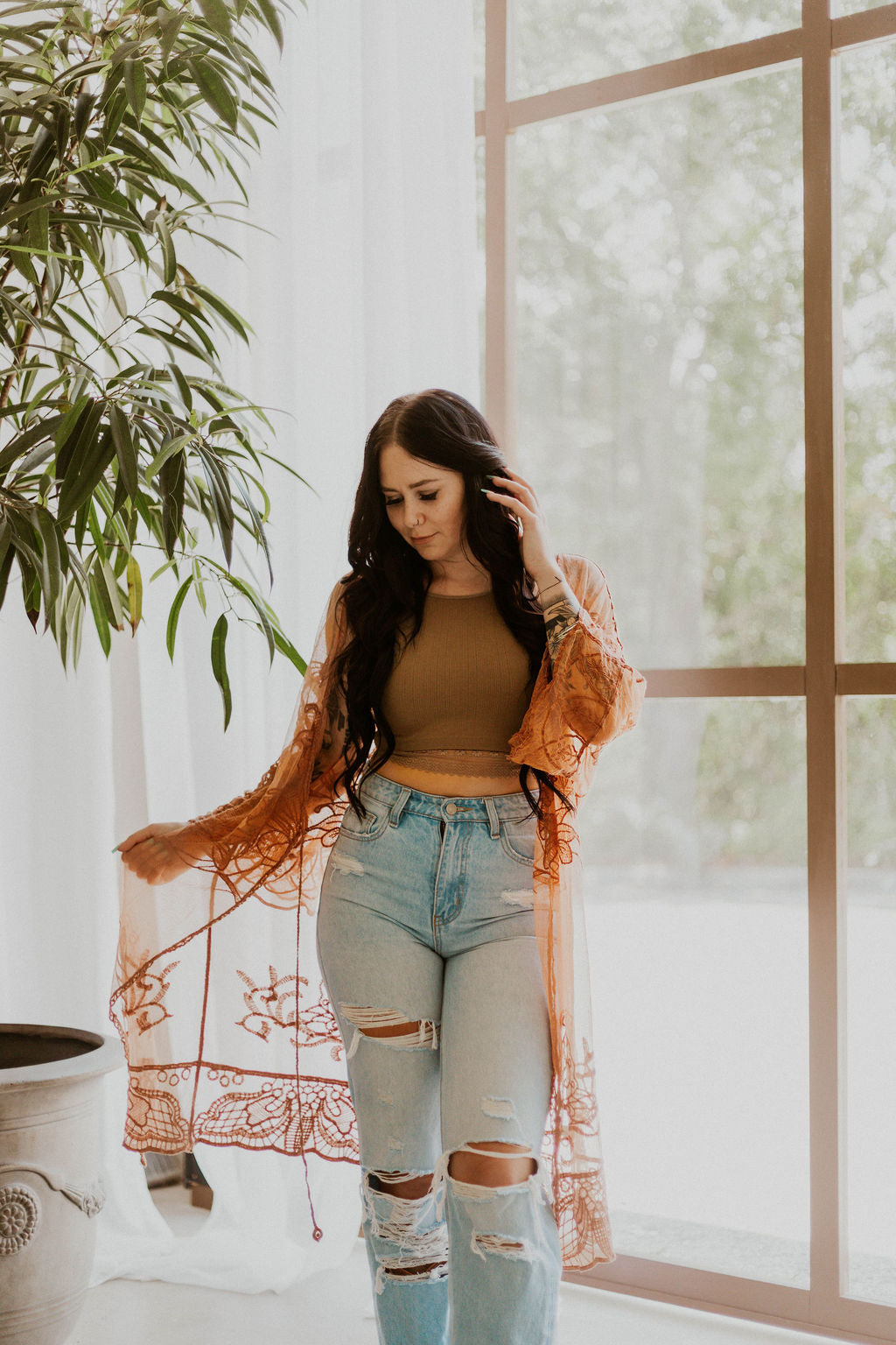 Embroidered Butterfly Lace Front-Tie Kimono Wild Cactus Boutique