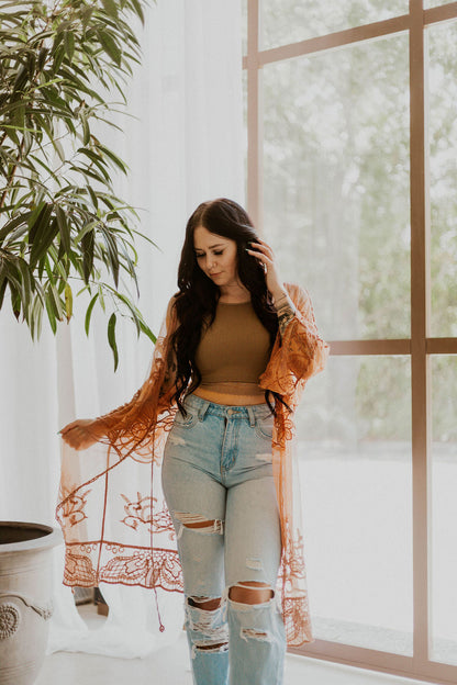 Embroidered Butterfly Lace Front-Tie Kimono Wild Cactus Boutique