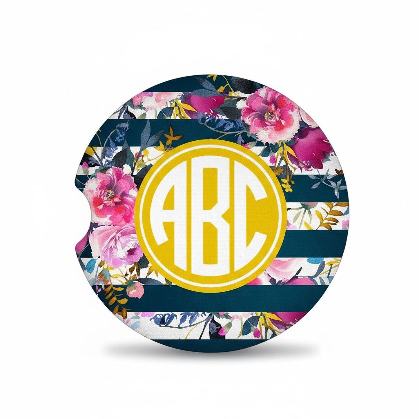 Monogram Car Coasters - Navy Rose Gold Floral Sandstone Car Coaster Joyful Moose