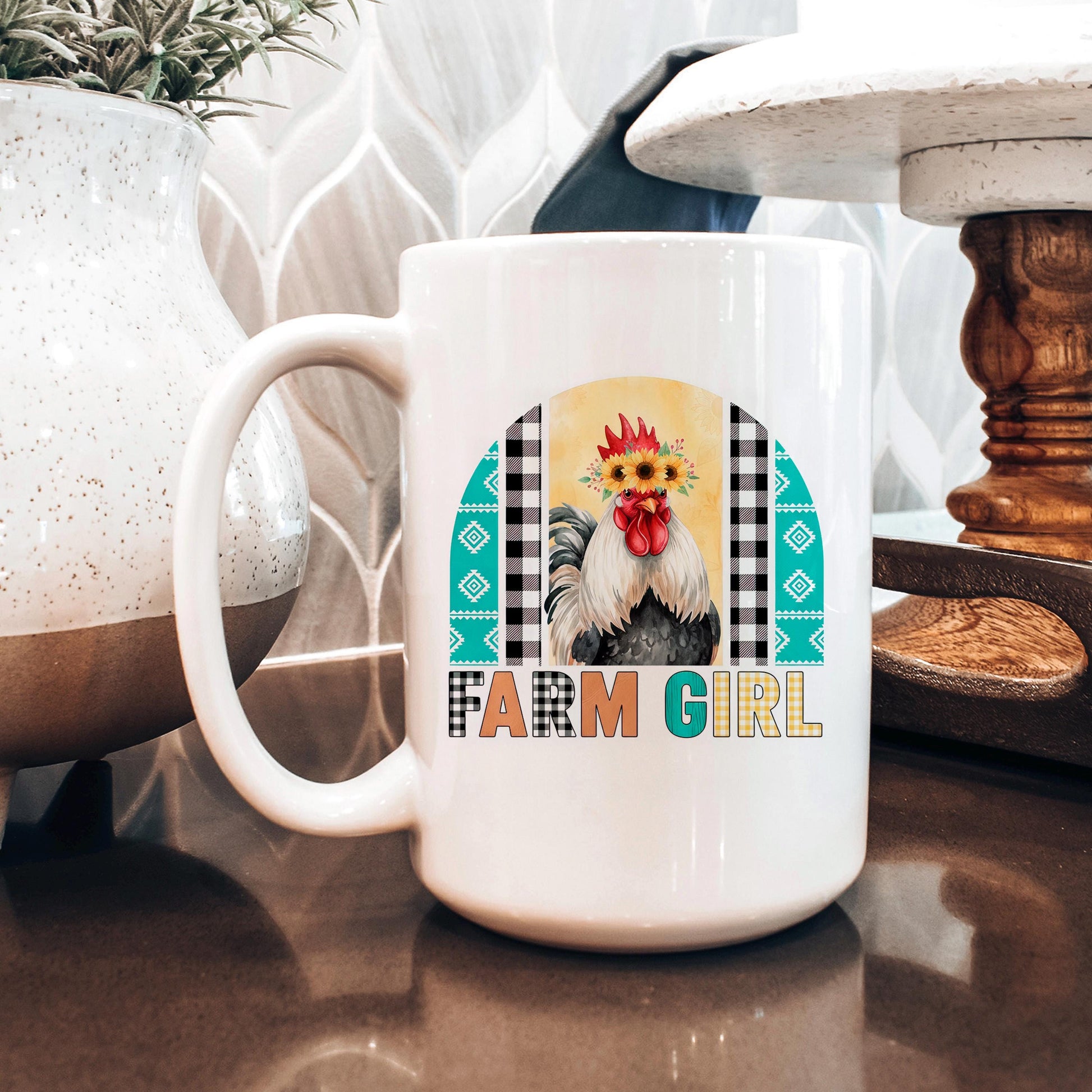 Farm Girl Mug – Rustic Farmhouse Coffee Cup with Sunflower Chicken Art Joyful Moose