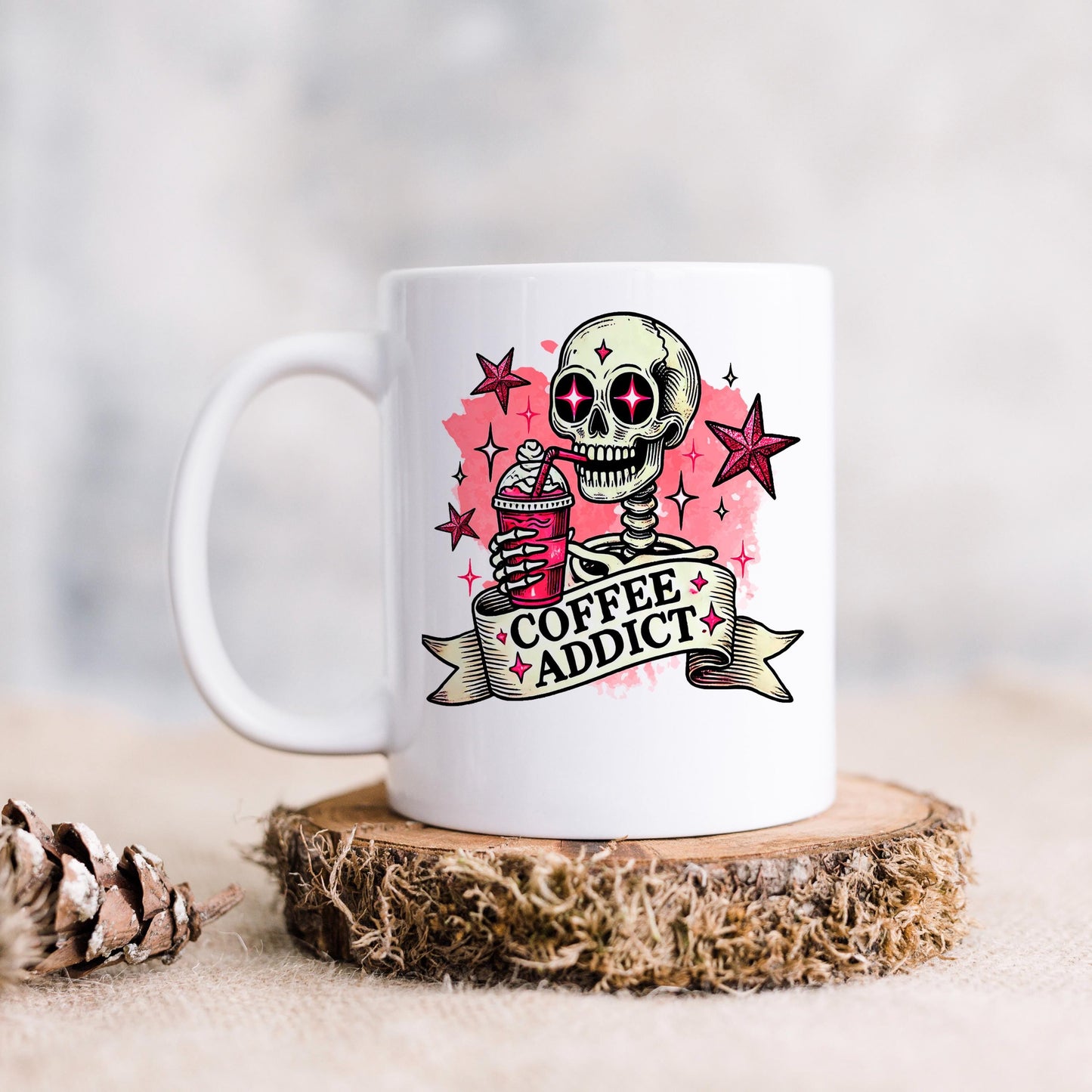Coffee Addict Mug – Pink Skull Coffee Cup | Funny Caffeine Lover Gift, Ceramic, Dishwasher Safe Joyful Moose