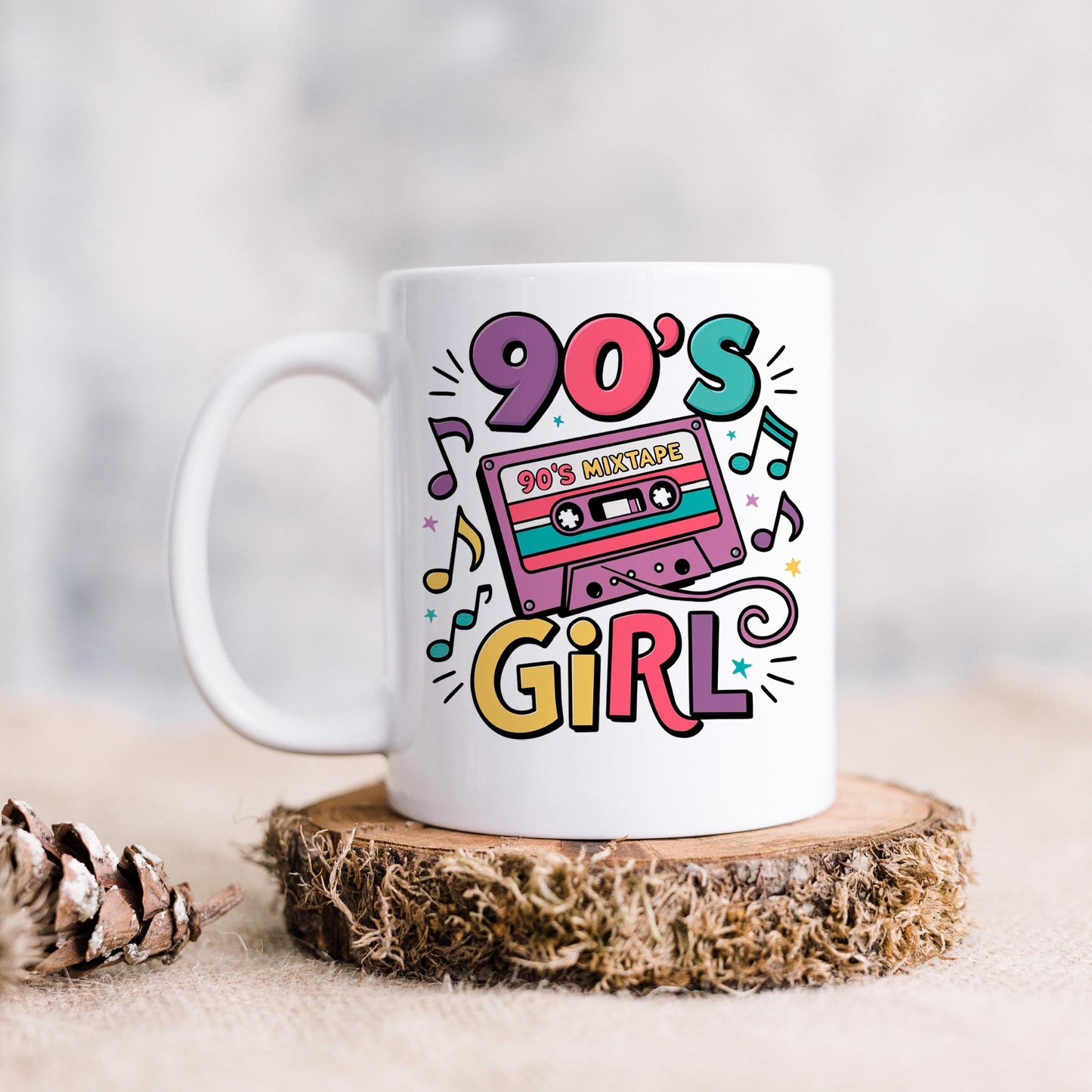 90s Girl Coffee Mug – Retro Cassette Tape Design | Microwave Safe Ceramic Cup Joyful Moose