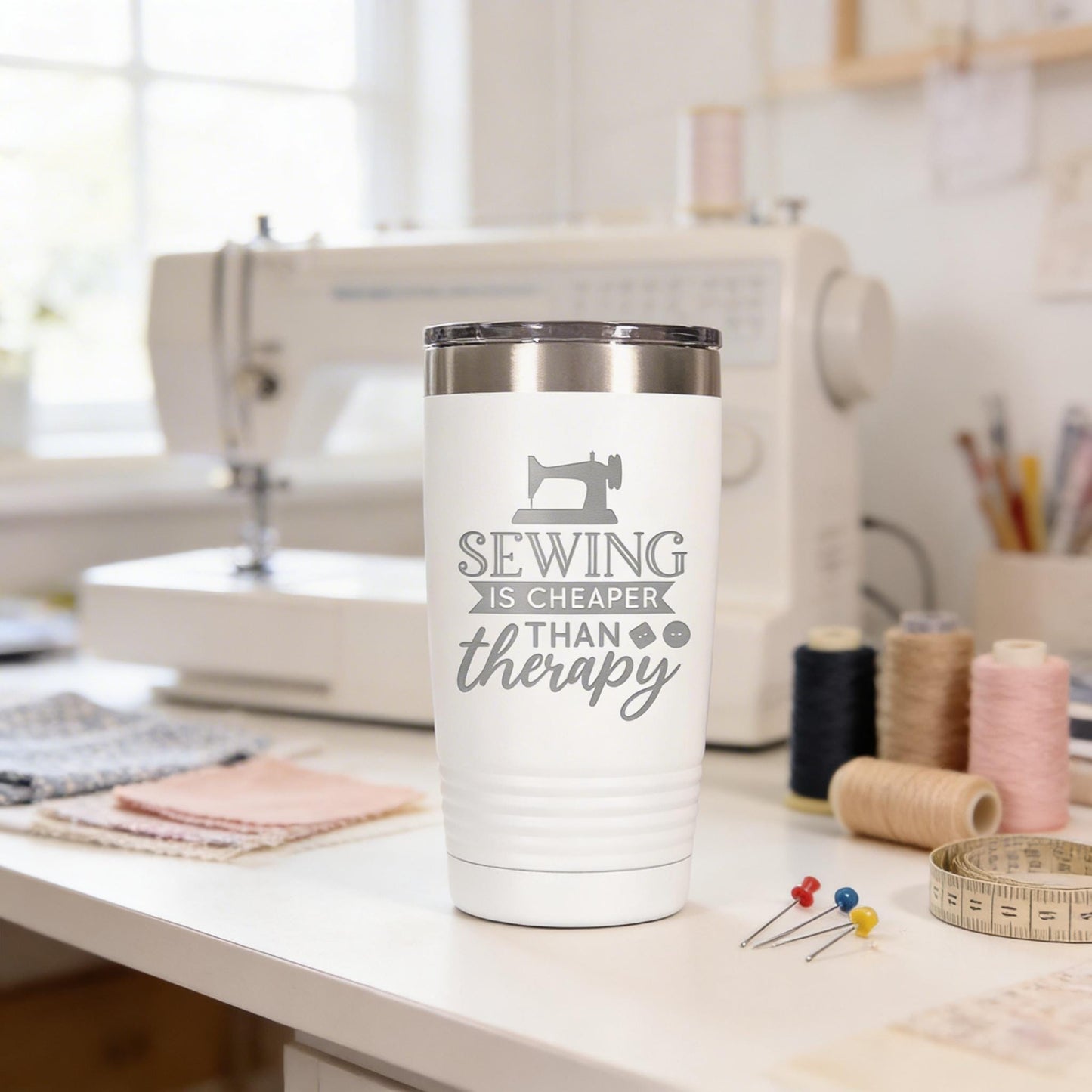 Personalized Sewing Tumbler 20 oz stainless steel insulated drinkware for crafters, hot or cold beverage travel mug, gift for sewists Joyful Moose