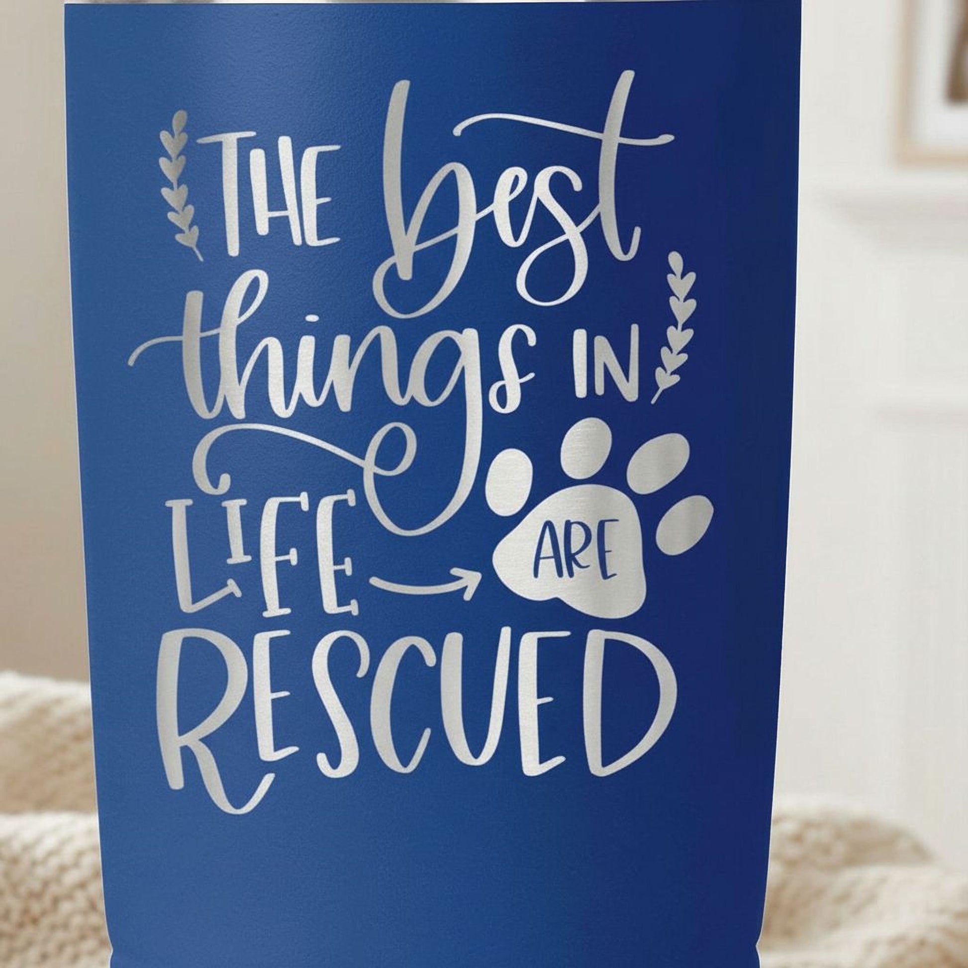 Dog Rescue Tumbler 20 oz Insulated Travel Mug, Pet Lover Gift, White Stainless Steel, Keeps Hot and Cold Drinks, Paw Print Design Joyful Moose
