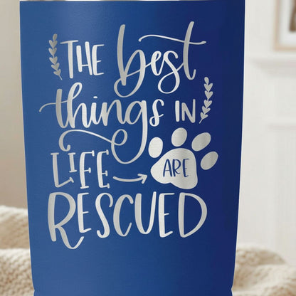 Dog Rescue Tumbler 20 oz Insulated Travel Mug, Pet Lover Gift, White Stainless Steel, Keeps Hot and Cold Drinks, Paw Print Design Joyful Moose