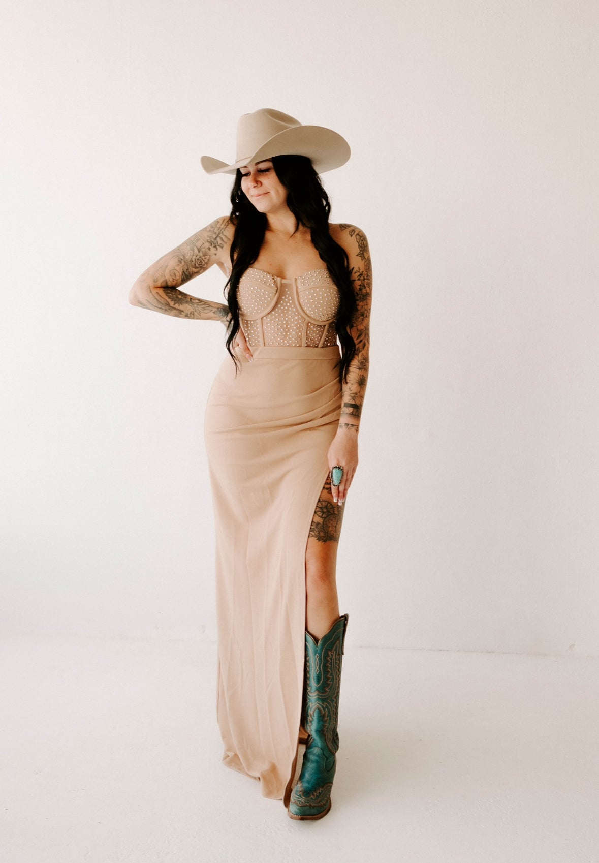 Natalia's Nude Rhinestone Slit Dress Wild Cactus Boutique