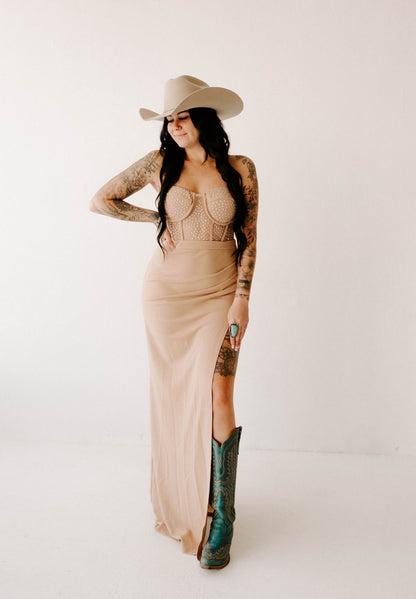 Natalia's Nude Rhinestone Slit Dress Wild Cactus Boutique