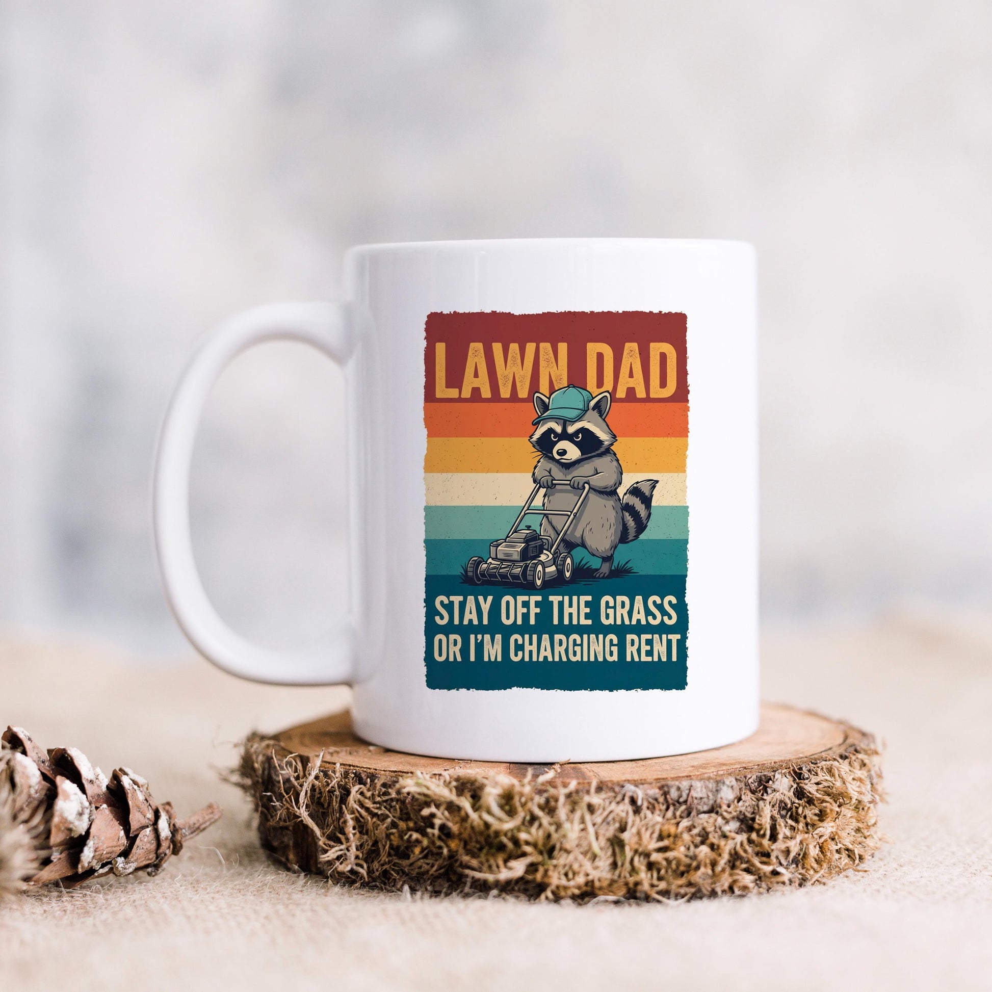 Funny Dad Mug - Vintage Raccoon Coffee Cup | Lawn Care Gift, Dad Humor Present Joyful Moose