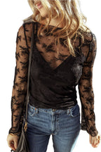 Apricot Lace Mesh Crochet Splicing Slim Fit Long Sleeve Blouse Thread & Co. Boutique, LLC