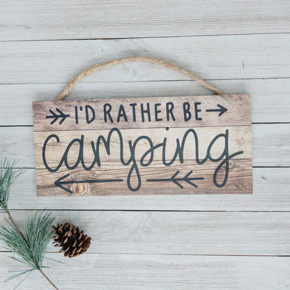 Rustic Camping Sign - I'd Rather Be Camping Wall Art | Wooden Cabin Decor Joyful Moose