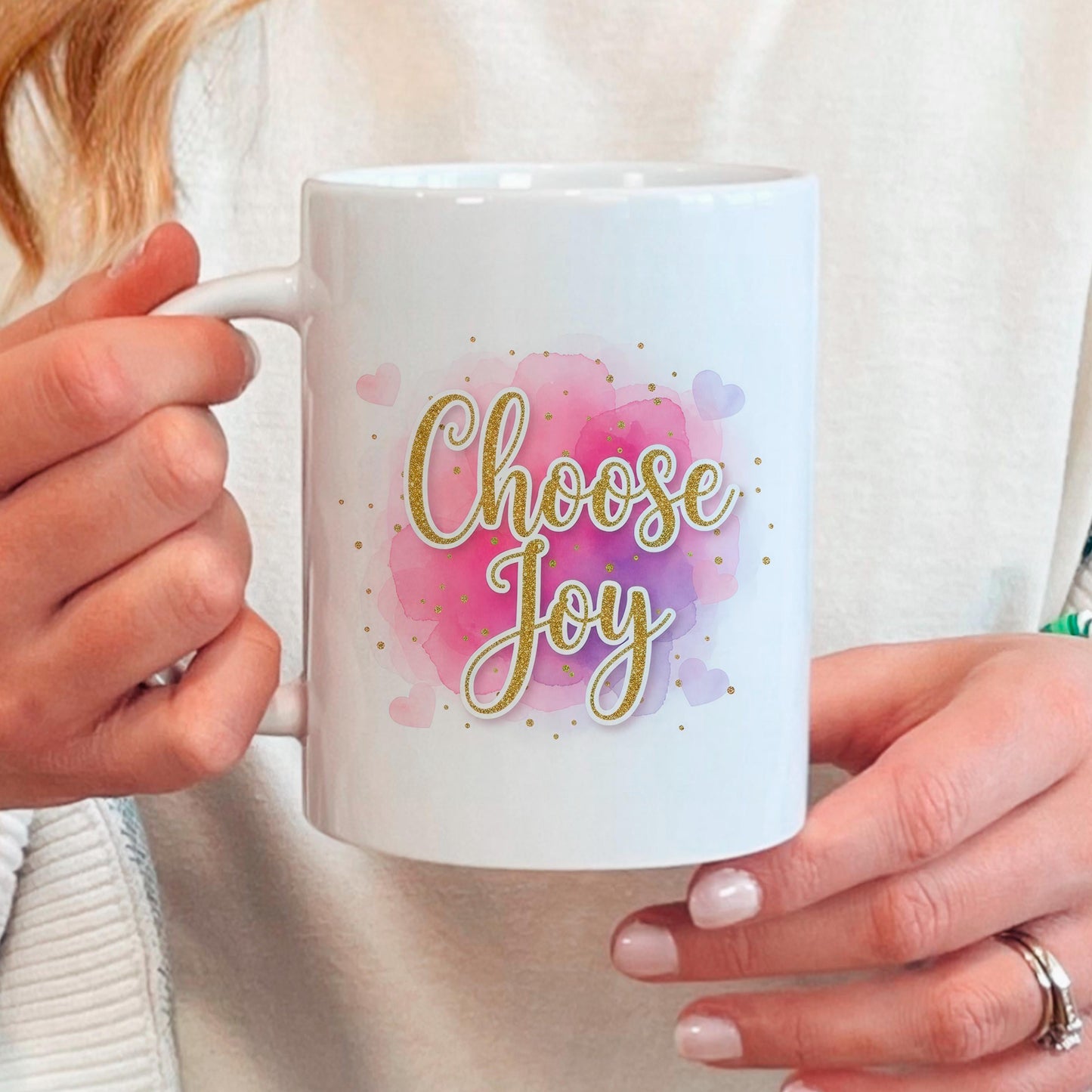 Choose Joy Mug - Inspirational Coffee Cup | Pink Watercolor Ceramic Mug Joyful Moose