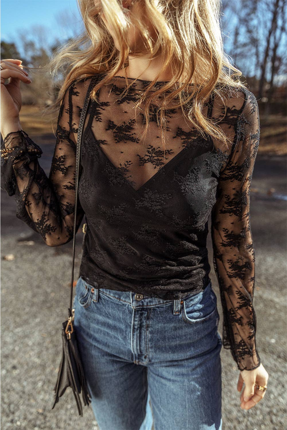 Apricot Lace Mesh Crochet Splicing Slim Fit Long Sleeve Blouse Thread & Co. Boutique, LLC