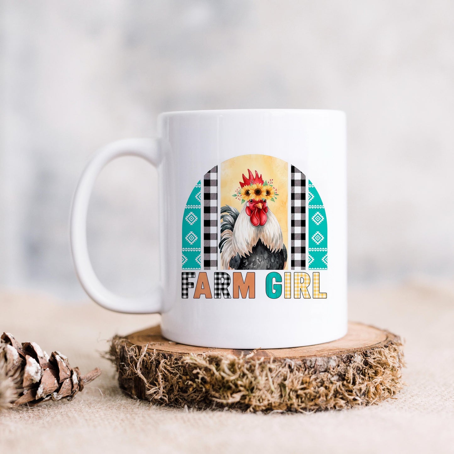 Farm Girl Mug – Rustic Farmhouse Coffee Cup with Sunflower Chicken Art Joyful Moose