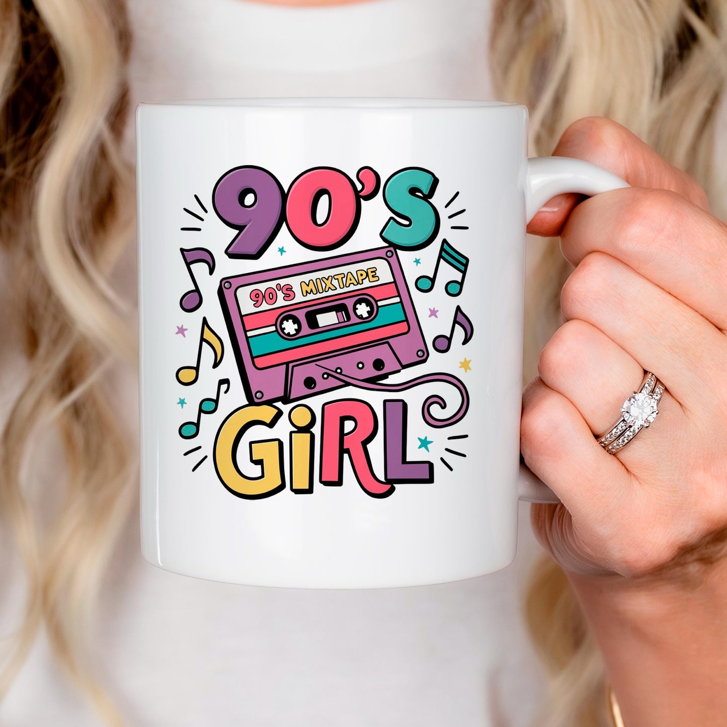 90s Girl Coffee Mug – Retro Cassette Tape Design | Microwave Safe Ceramic Cup Joyful Moose