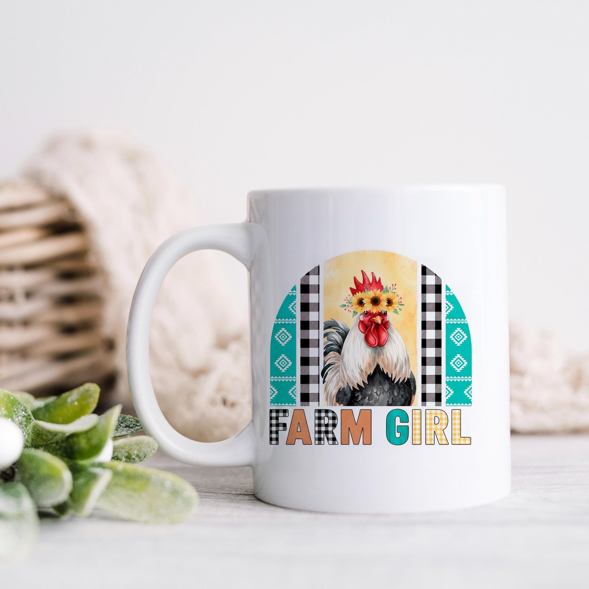 Farm Girl Mug – Rustic Farmhouse Coffee Cup with Sunflower Chicken Art Joyful Moose
