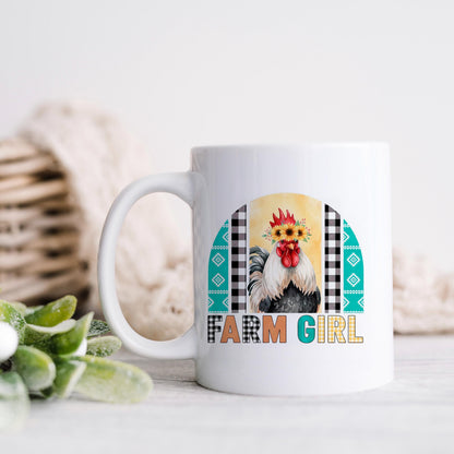 Farm Girl Mug – Rustic Farmhouse Coffee Cup with Sunflower Chicken Art Joyful Moose