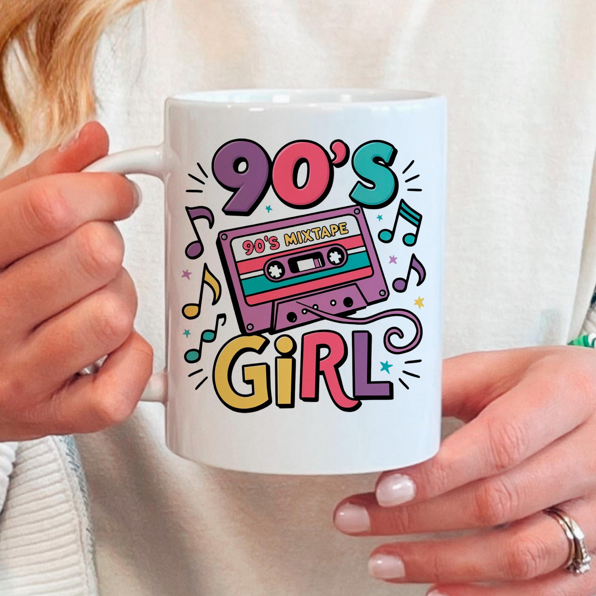 90s Girl Coffee Mug – Retro Cassette Tape Design | Microwave Safe Ceramic Cup Joyful Moose