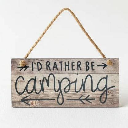Rustic Camping Sign - I'd Rather Be Camping Wall Art | Wooden Cabin Decor Joyful Moose