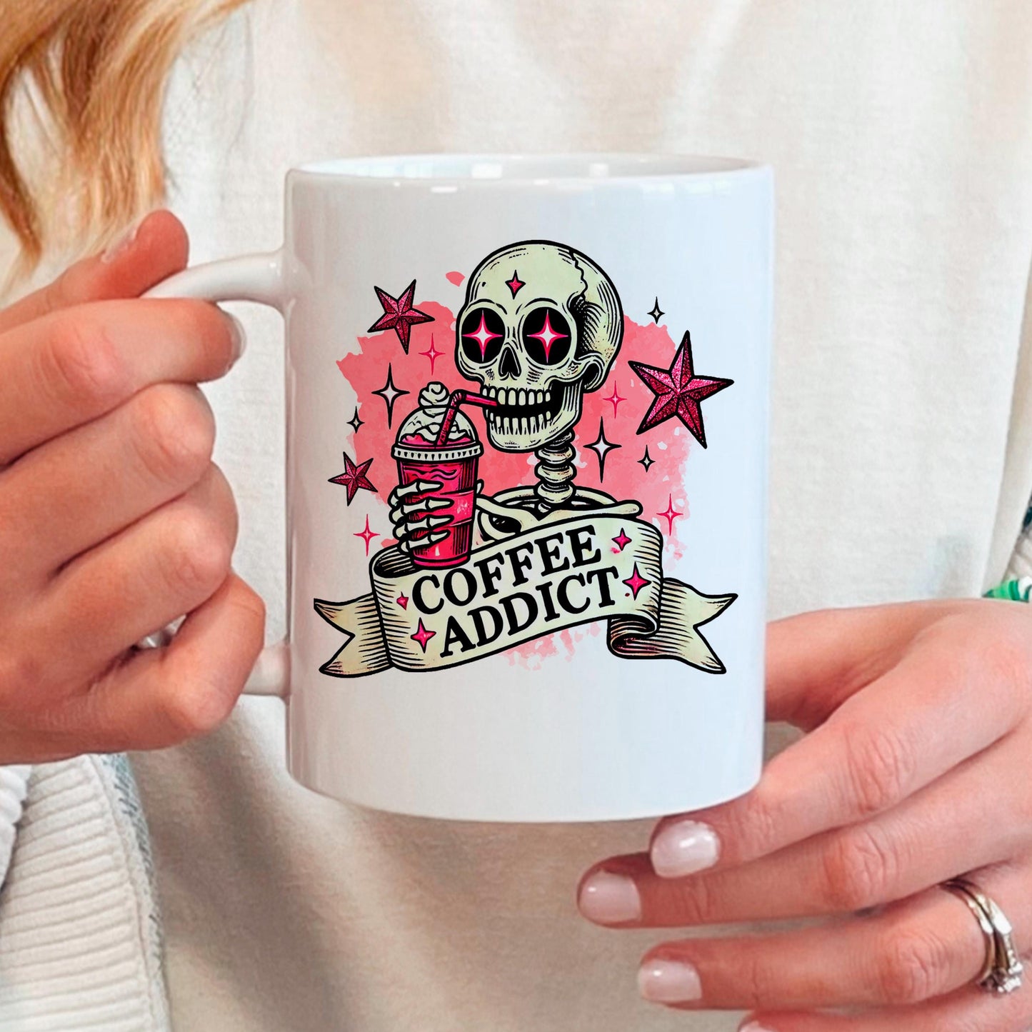 Coffee Addict Mug – Pink Skull Coffee Cup | Funny Caffeine Lover Gift, Ceramic, Dishwasher Safe Joyful Moose