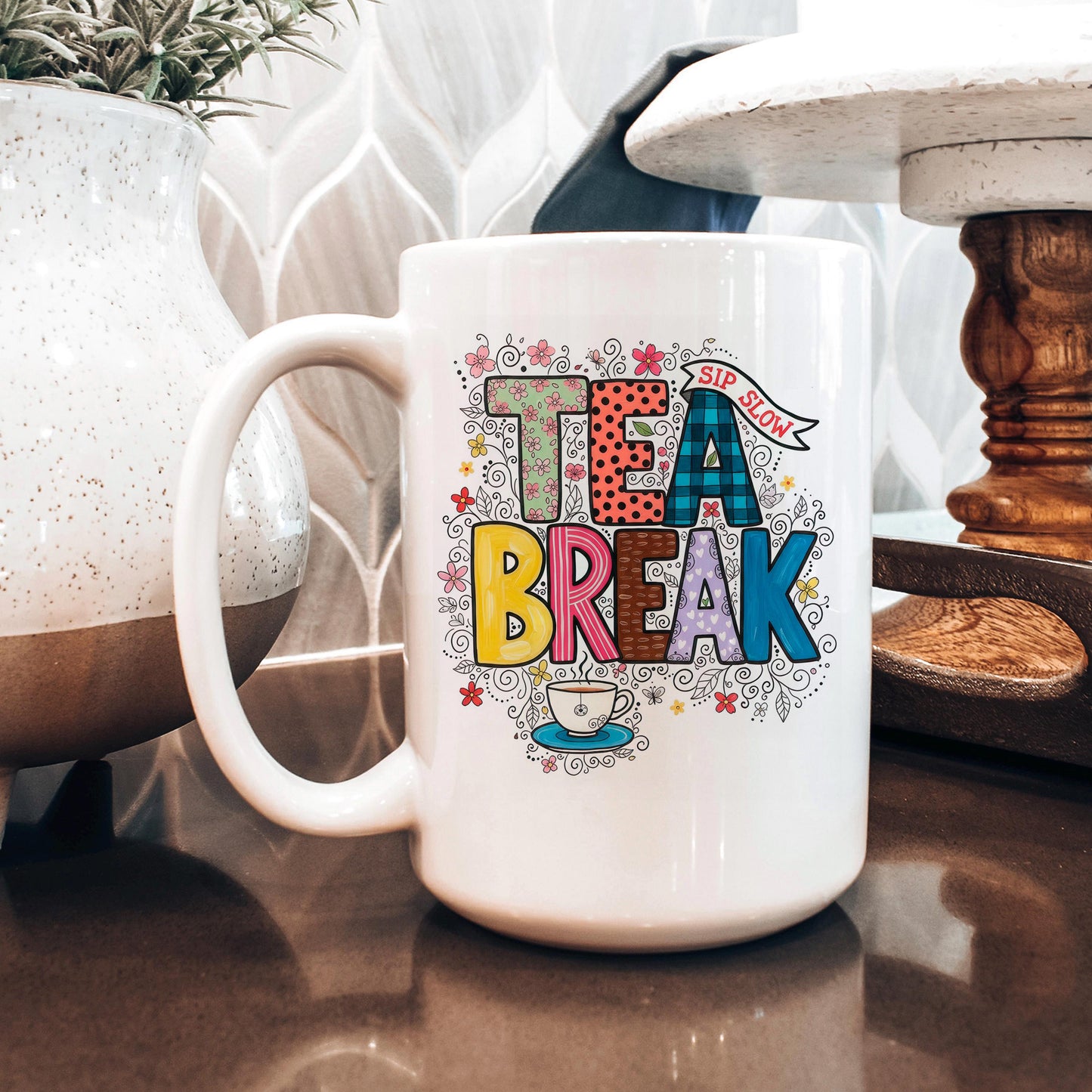 Tea Break Mug - Cozy Coffee Cup With Colorful Floral Design | Relaxation Gift Joyful Moose