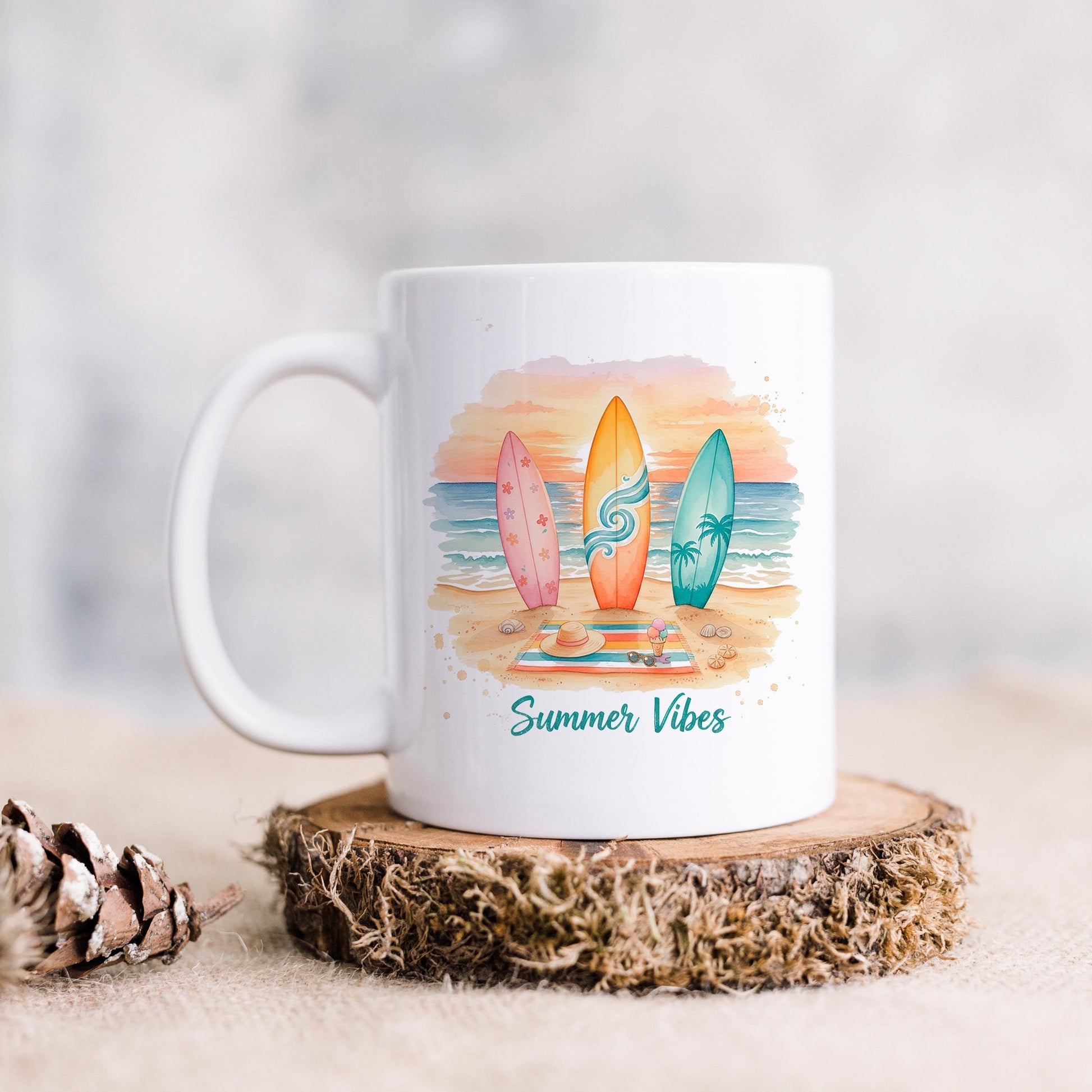 Summer Vibes Mug – Coastal Coffee Cup With Surfboard Art And Ocean Sunset Design Joyful Moose