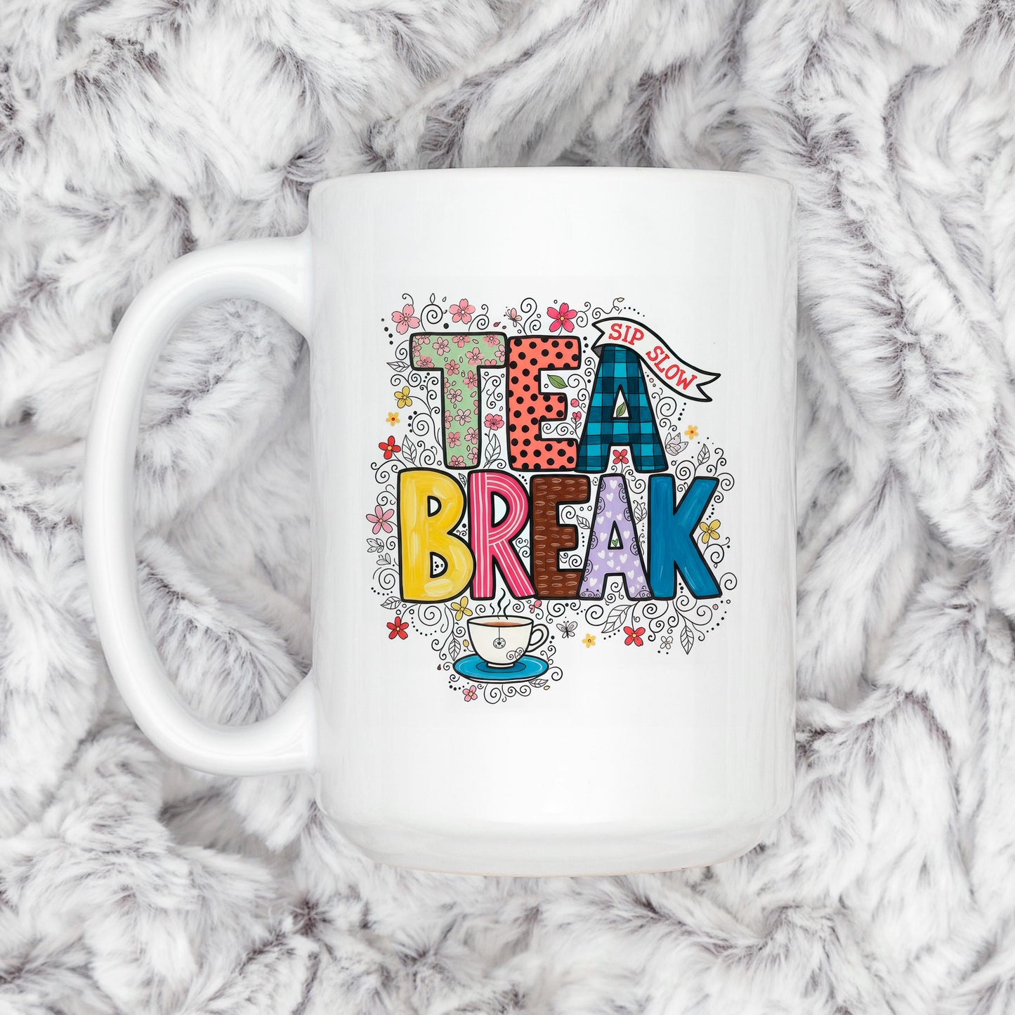 Tea Break Mug - Cozy Coffee Cup With Colorful Floral Design | Relaxation Gift Joyful Moose