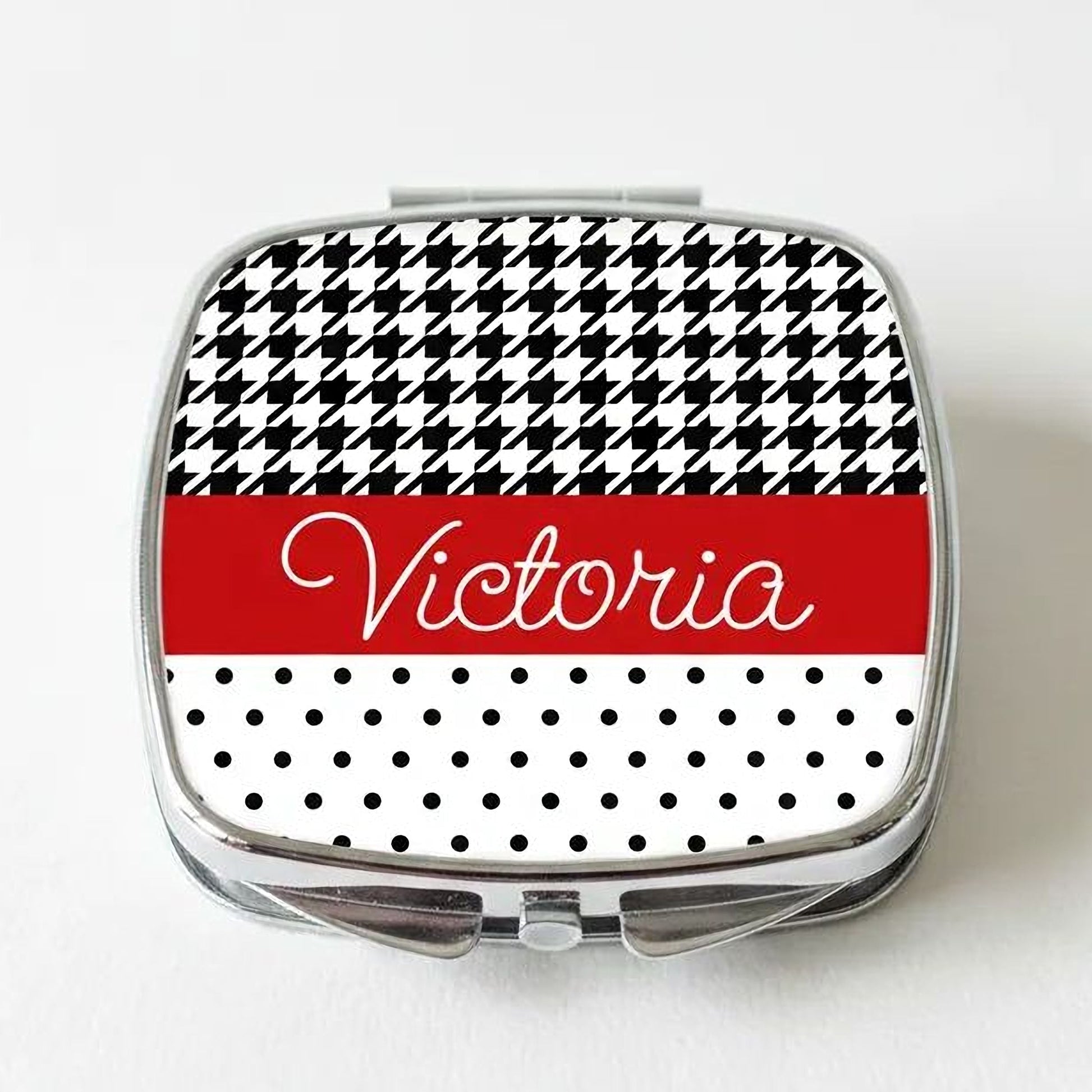 Personalized Compact Mirror - Red Black Polka Dot Houndstooth Custom Bridesmaids Gifts - Personalized Bridesmaids Gifts Joyful Moose