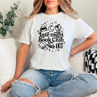 Late Night Book Club Tee – Cozy Reading Graphic Shirt | Vintage Bookish Apparel Joyful Moose