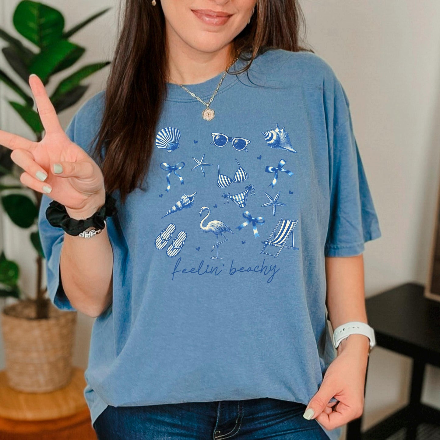 Beach Graphic Tee – Blue Beach Icons, Relaxed Unisex Fit Summer Shirt Joyful Moose