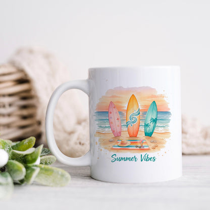 Summer Vibes Mug – Coastal Coffee Cup With Surfboard Art And Ocean Sunset Design Joyful Moose