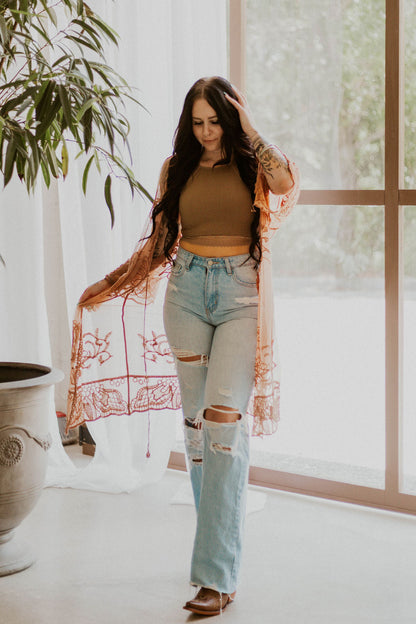 Embroidered Butterfly Lace Front-Tie Kimono Wild Cactus Boutique