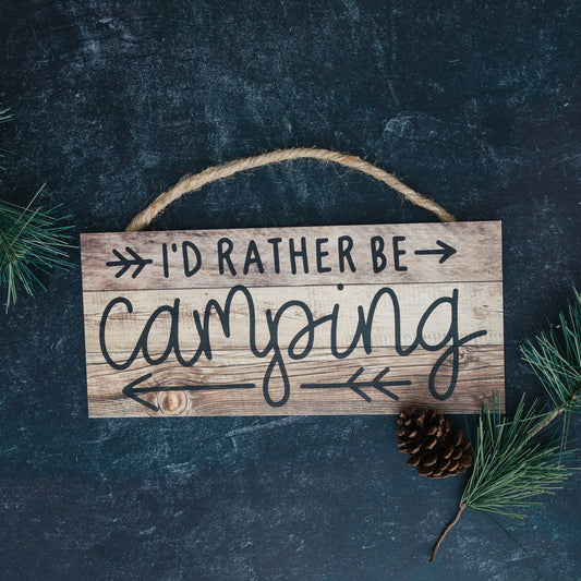 Rustic Camping Sign - I'd Rather Be Camping Wall Art | Wooden Cabin Decor Joyful Moose