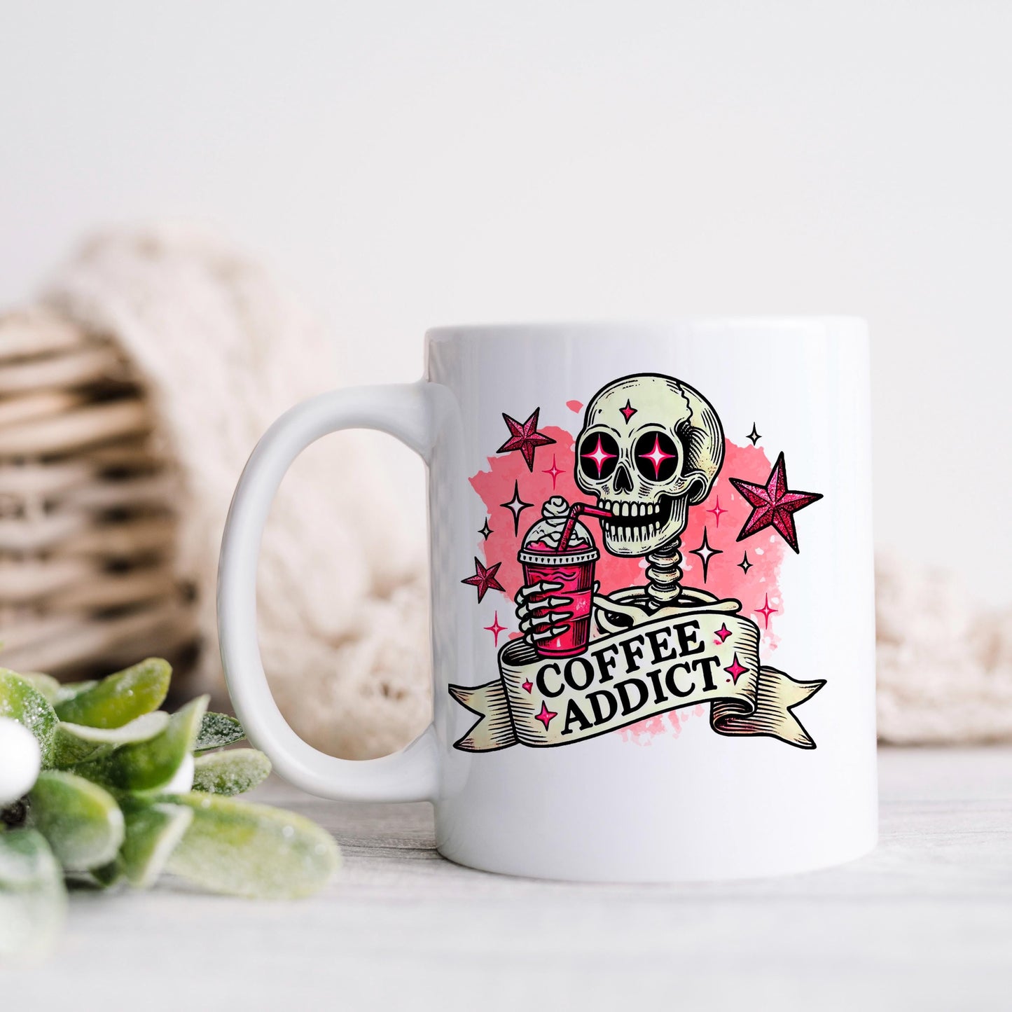 Coffee Addict Mug – Pink Skull Coffee Cup | Funny Caffeine Lover Gift, Ceramic, Dishwasher Safe Joyful Moose
