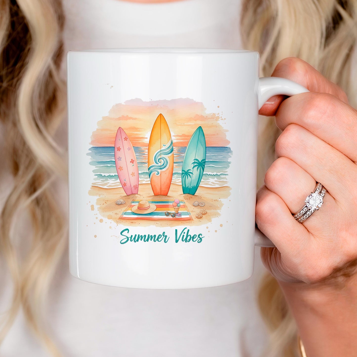 Summer Vibes Mug – Coastal Coffee Cup With Surfboard Art And Ocean Sunset Design Joyful Moose