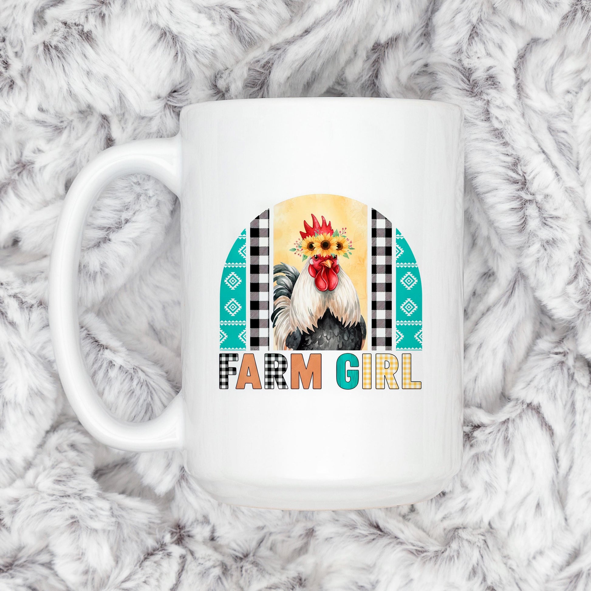 Farm Girl Mug – Rustic Farmhouse Coffee Cup with Sunflower Chicken Art Joyful Moose