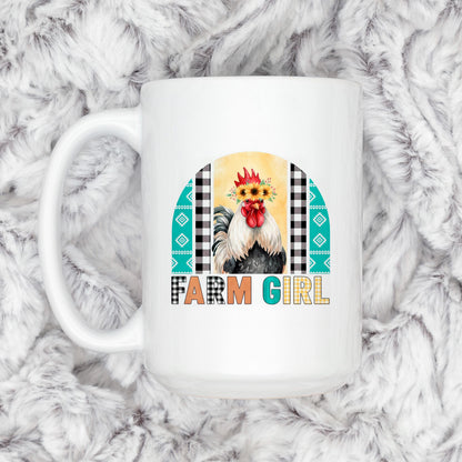 Farm Girl Mug – Rustic Farmhouse Coffee Cup with Sunflower Chicken Art Joyful Moose