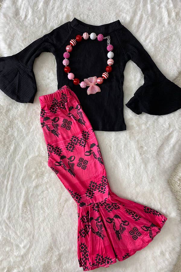 Solid black top bull & aztec printed pant girls set Thread & Co. Boutique, LLC
