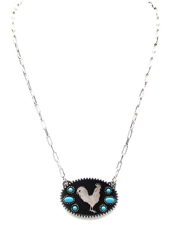 Western Rooster Silhouette Turquoise Stone Necklace Wild Cactus Boutique