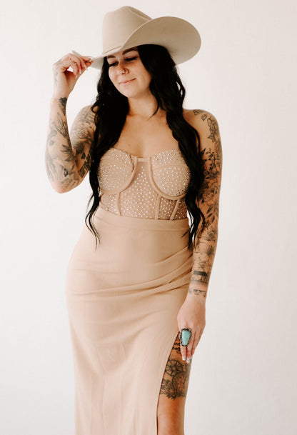 Natalia's Nude Rhinestone Slit Dress Wild Cactus Boutique