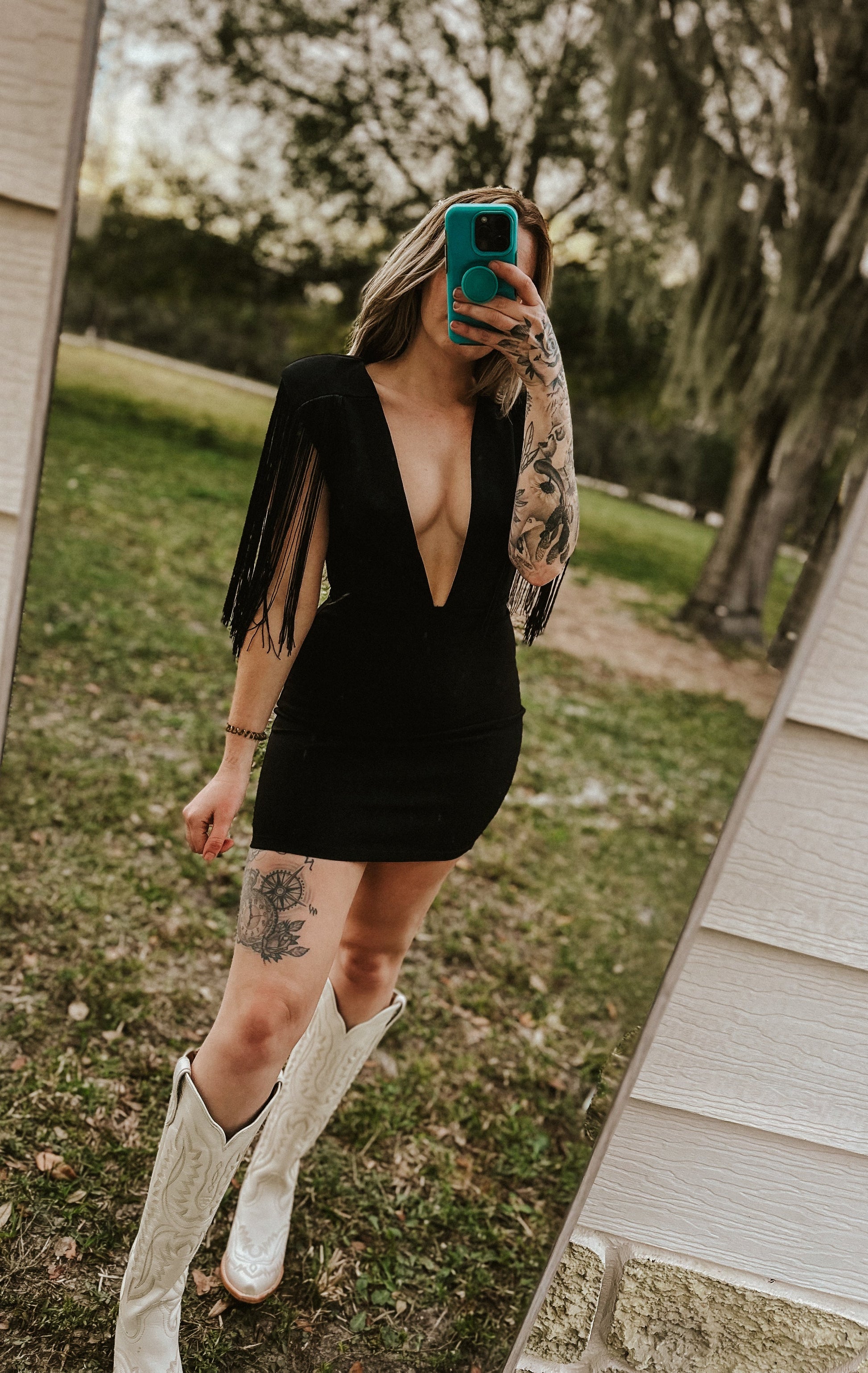 Dallas' Fringe Deep Neck Mini Dress Wild Cactus Boutique