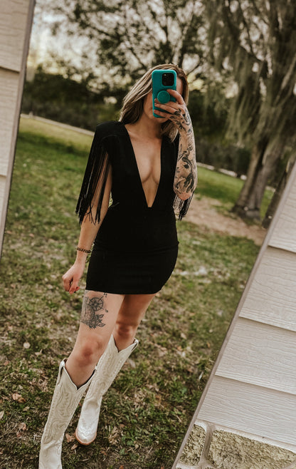 Dallas' Fringe Deep Neck Mini Dress Wild Cactus Boutique