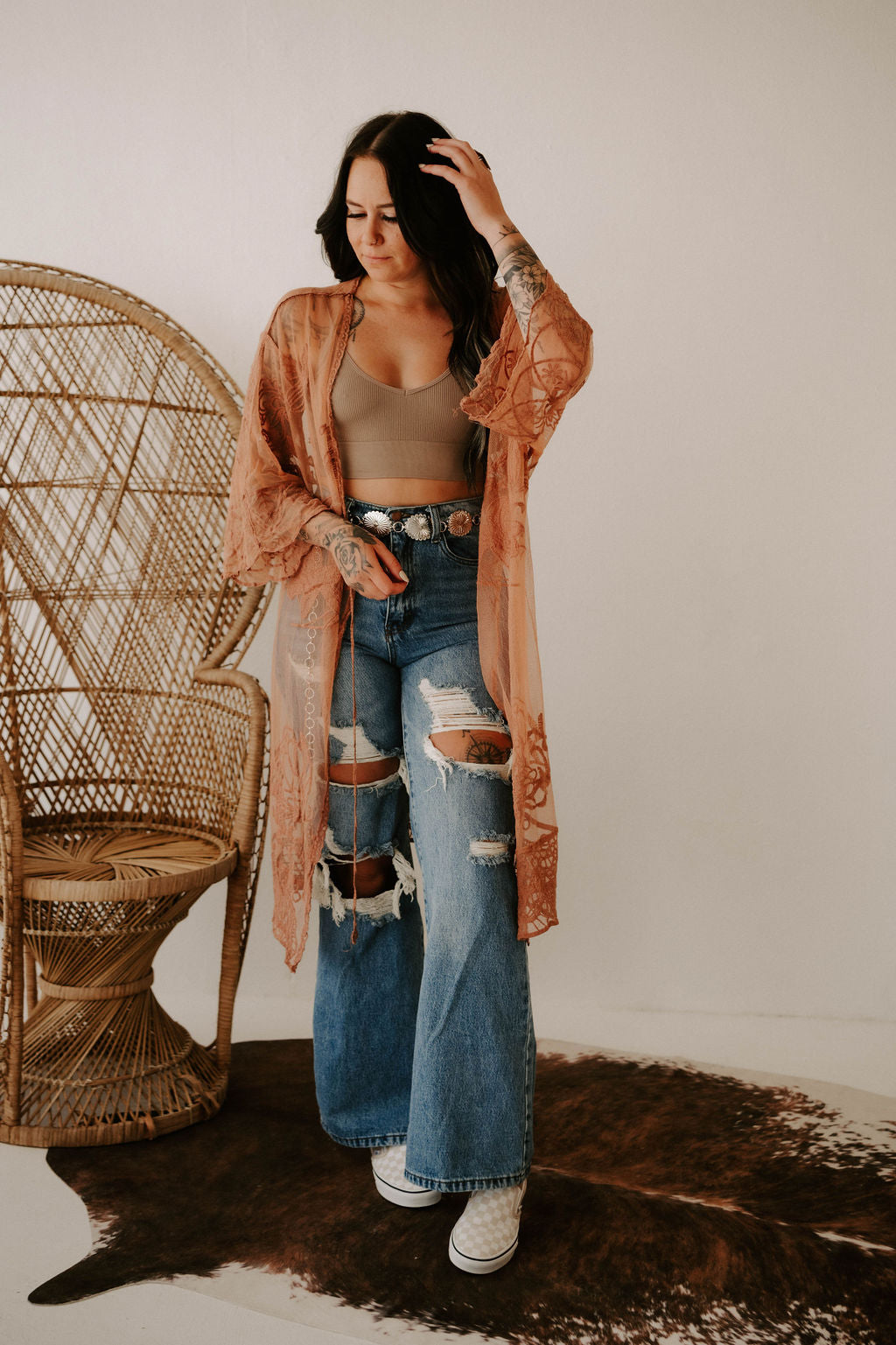 Embroidered Butterfly Lace Front-Tie Kimono Wild Cactus Boutique
