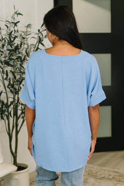 Counter Part Crinkle Woven V-Neck Top in Cornflower Blue Thread & Co. Boutique, LLC