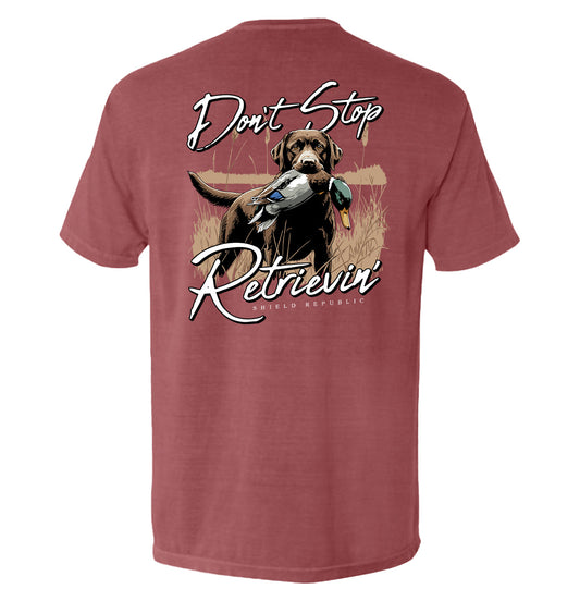 Don't Stop Retrievin' Chocolate Lab Shield Republic