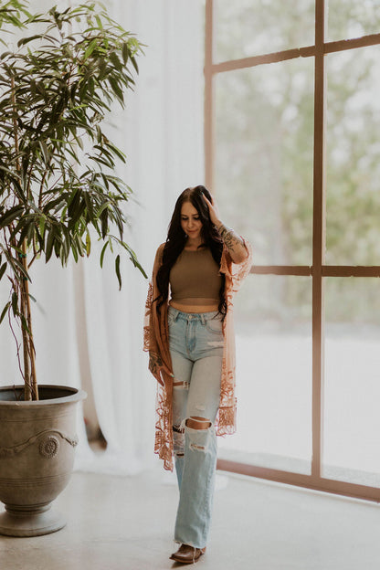 Embroidered Butterfly Lace Front-Tie Kimono Wild Cactus Boutique