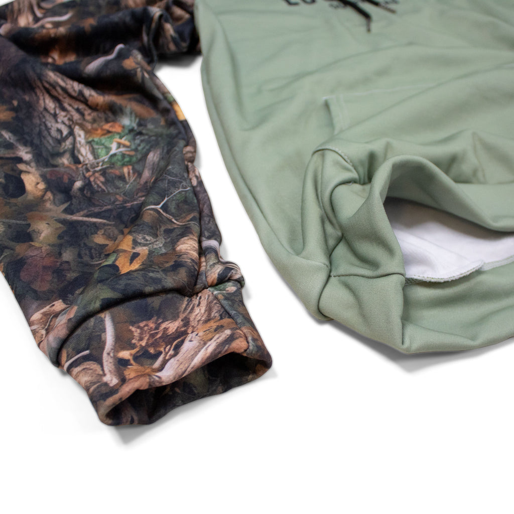 Heavy Fleece Raglan Hoodie |  Green + Camo Blocked Luckless Outfitters
