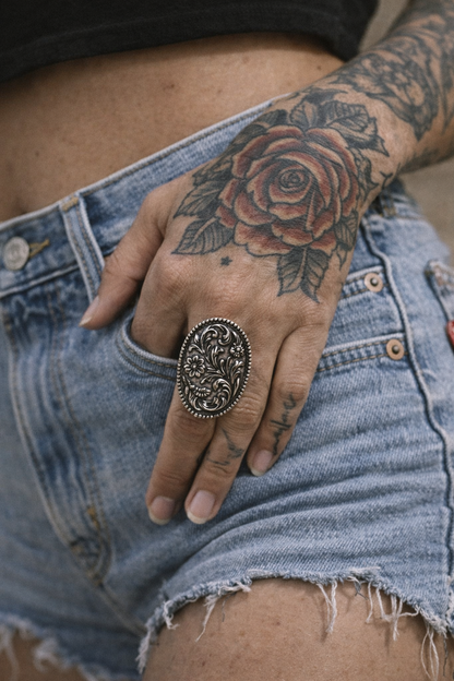 Western Flower Tooled Cuff Ring Wild Cactus Boutique